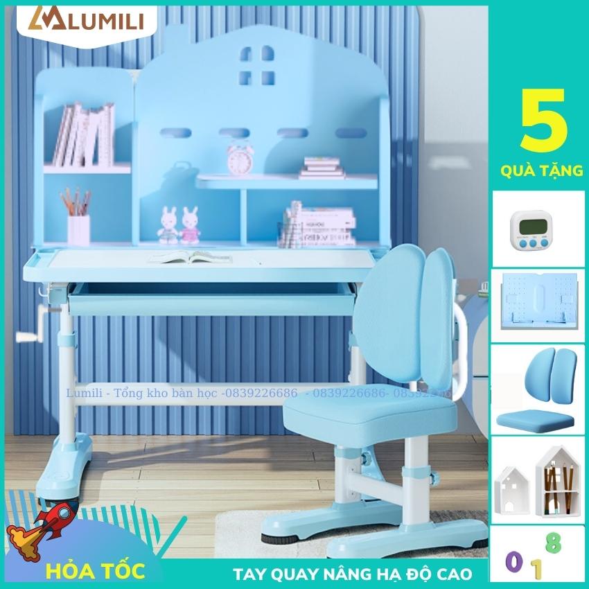 Bàn học chống gù liền kệ sách thông minh Lumili A20 nâng hạ tay quay nghiêng mặt bàn, chống cận thị gù lưng cho trẻ em