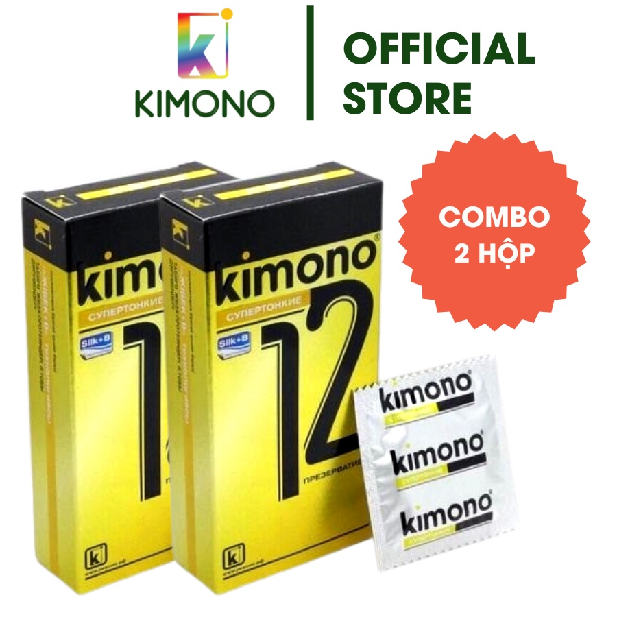 Bao cao su siêu mỏng Kimono màu vàng 0.02mm hộp 12 cái không mùi combo 2 hộp