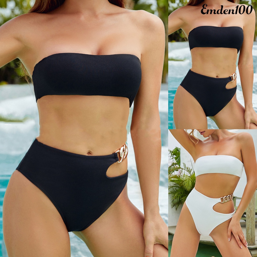 Bộ Bikini 2 Mảnh Lưng Cao Không Dây Phối Dây Xích Quyến Rũ Cho Nữ