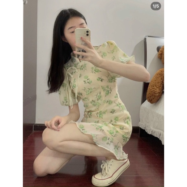 ĐẦM HOA KEM CỔ TÀU CHÂN BÈO