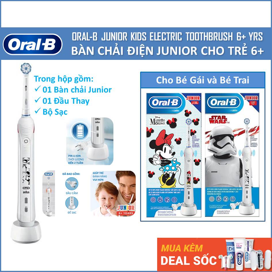 Bàn Chải Điện Trẻ Em Oral-B Junior Kids Cho Trẻ Từ 6+, Bàn chải điện cho Bé Trai (Star War) &amp; Bé Gái (Minnie) từ Oral-B