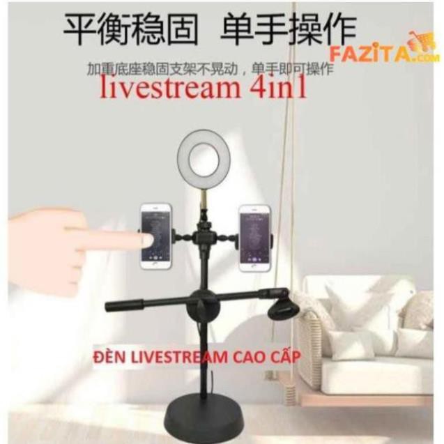 Đèn Live Stream 4in1 Để Bàn Có Chân Đỡ Micro LivesTream Hai Điện Thoại - Bộ Giá Đỡ Điện Thoại Livestream 4in1