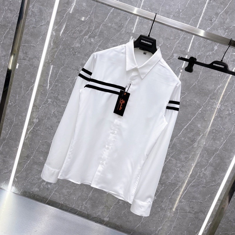 Áo sơ mi trắng nam dài tay Thome thêu sọc kẻ đen trắng ngang ngực vải lụa mềm mịn cao cấp