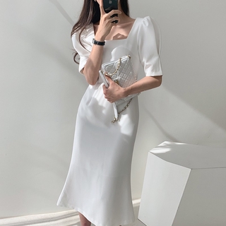 [ORDER] Đầm dự tiệc chic màu trắng cổ vuông dáng suông sang trọng Hàn Quốc