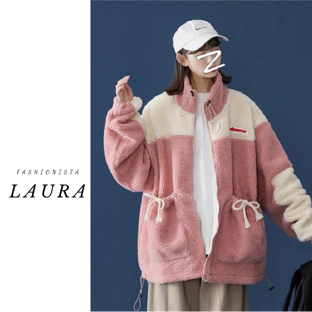Áo khoác lông màu hồng đất phối vai Laura Boutique - Áo khoác form rộng dáng dài siêu xinh | BigBuy360 - bigbuy360.vn
