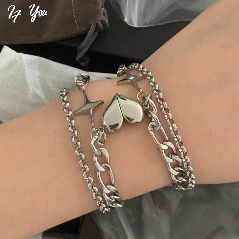 Set 2 vòng tay AY chuỗi kép mặt hình trái tim cho cặp đôi