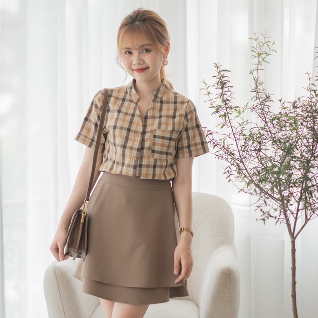 Chân váy nâu trơn Bazzi dáng chữ A xếp ly 2 tầng có lót quần bên trong - ẢNH THẬT TỰ CHỤP