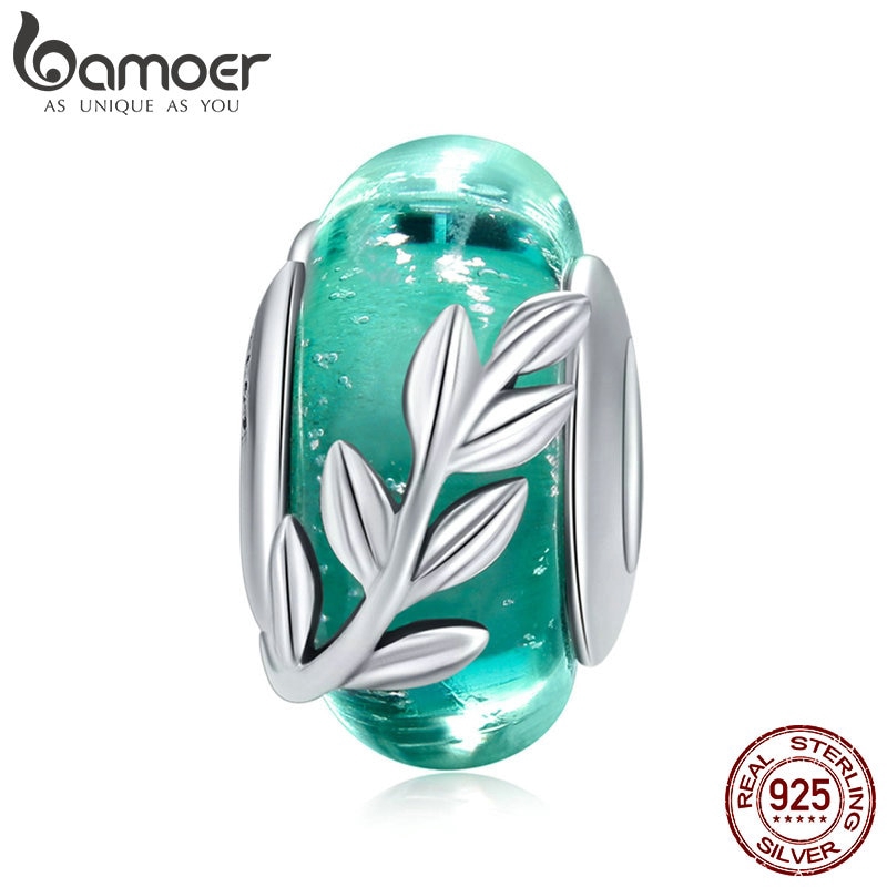 Hạt phụ kiện Bamoer Scc863 bạc 925 chạm khắc hình chiếc lá trang trí vòng tay thời trang
