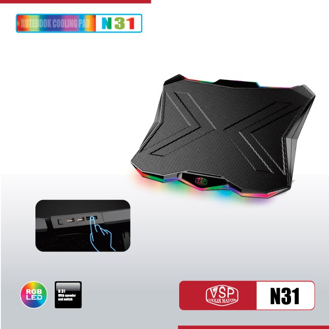 Đế tản nhiệt cho laptop Notebook cooler pad N31 LED RGB - Hàng chính hãng