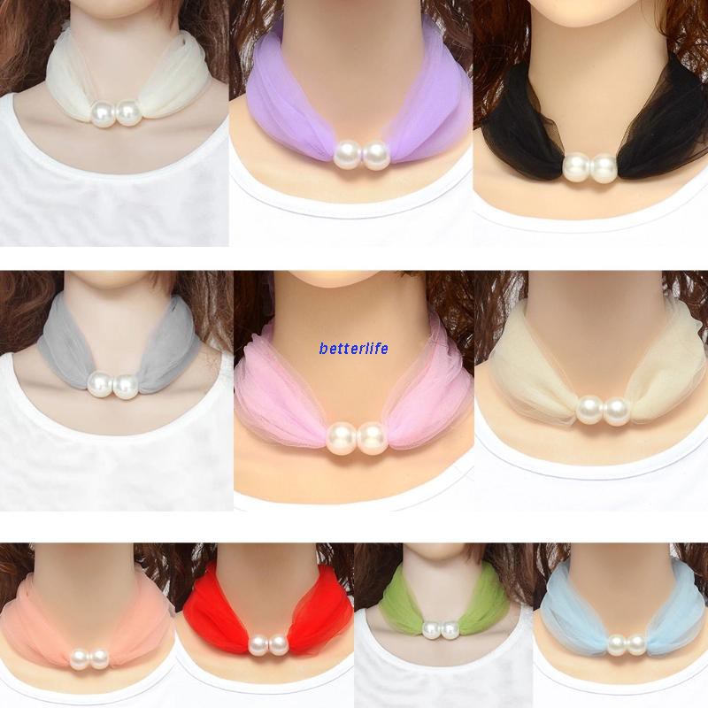 BTF Thin Mesh Lace Pearls Ring Scarf Pure Color Necklace Women Scarf Mother's Day Gifts