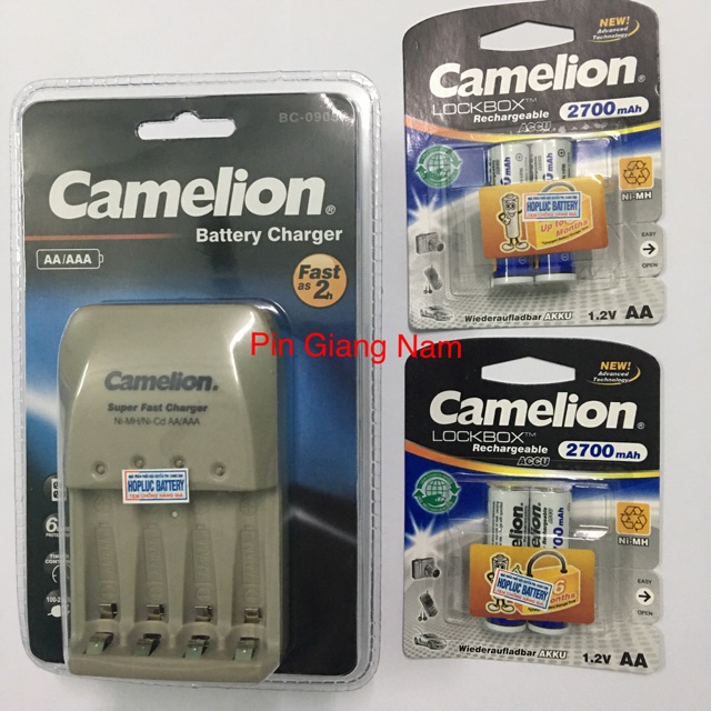 Combo 1 máy sạc pin AA/ AAA Camelion 0905A và 4 viên pin AA 2700 mAh màu trắng