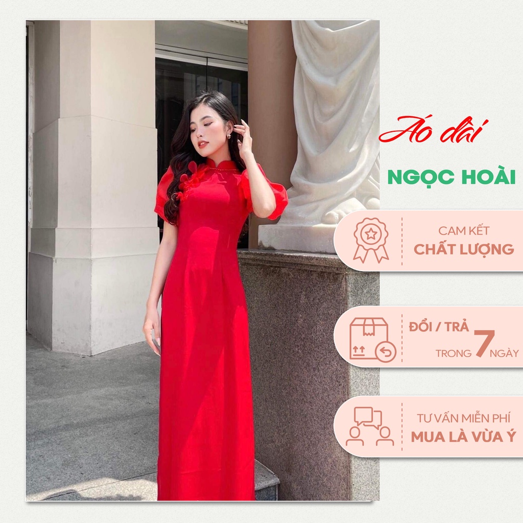 Áo Dài Cách Tân,Chất Liệu Lụa Mỹ Kết Hợp Với Von Ở Tay, Áo Dài Tay Bống Đính Hoa Trước Ngực Nhiều Màu ĐỎ, VÀNG, HỒNG