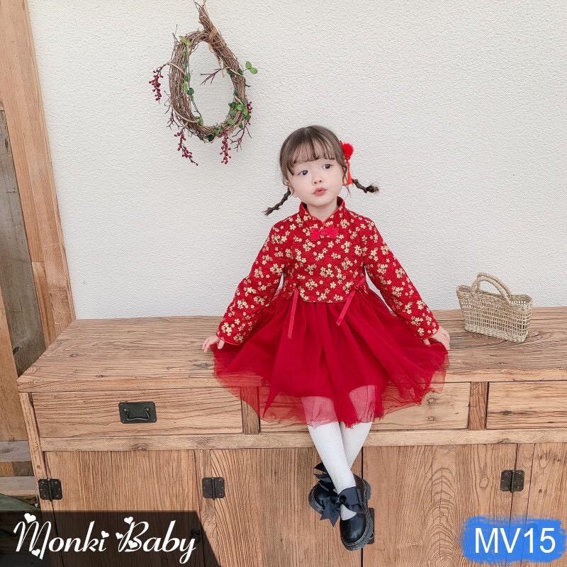 SET VÁY CÔNG CHÚA PHỐI GẤM ĐỎ CỔ TÀU CHO BÉ GÁI -AT8500