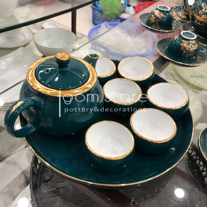 Bộ ấm chén Bát Tràng men xanh cổ vịt vẽ chỉ vàng kim