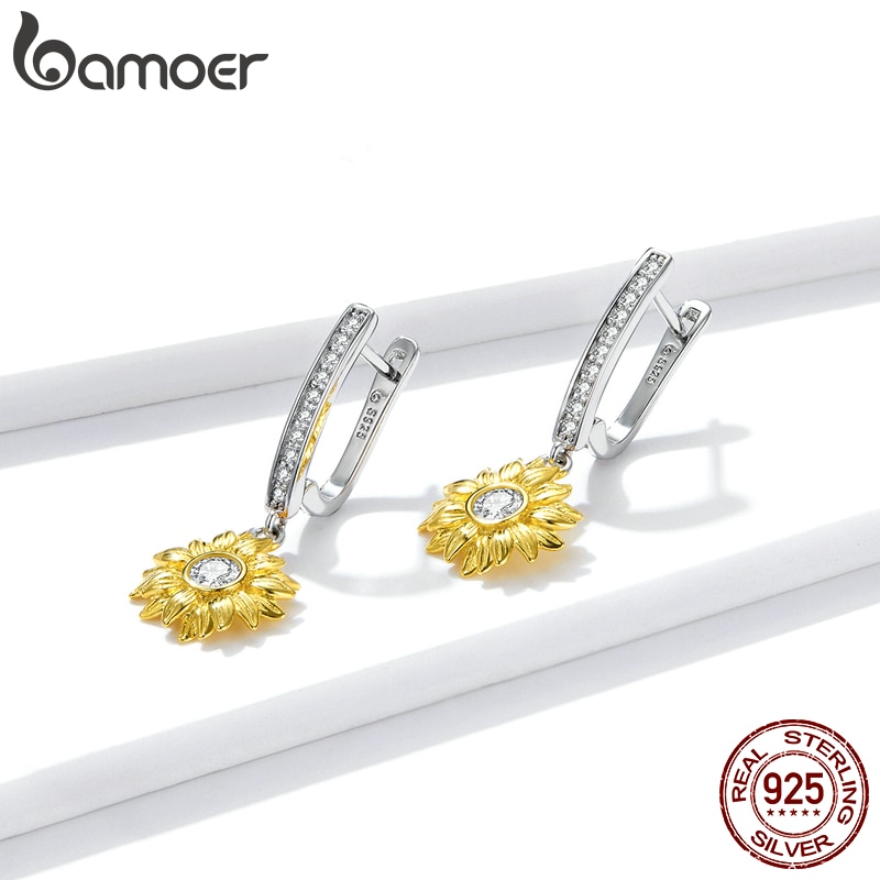 Bộ Trang Sức Bamoer Gồm Vòng cổ + Nhẫn + Bông Tai Bạc 925 Hình Hoa Hướng Dương Đính Đá CZ