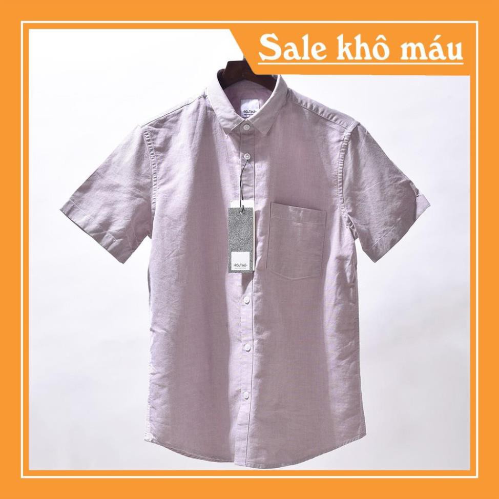 Áo sơ mi nam Routine màu hồng tay ngắn cổ bẻ có túi vải Oxford 100% cotton hàng xuất khẩu Hàn Quốc