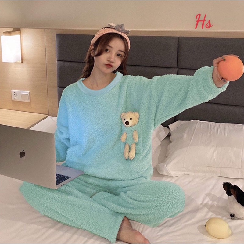 Bộ áo lông xanh kèm gấu nhỏ HSU1