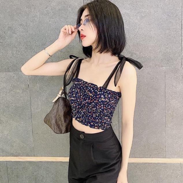 Áo Nhún 2 Dây Hoa Nhí Croptop Ôm Hai Dây Voan Nữ Kiểu Màu Trắng/Đen/Xanh Đen/Đỏ/Vàng DRACR01