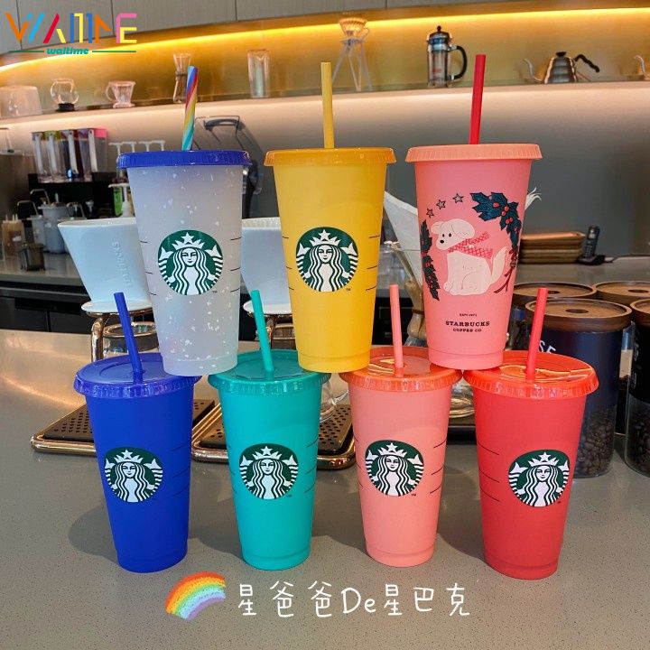 Starbucks Màu Trong Suốt Thay Đổi Starbuck Cốc Nước Tái Sử Dụng Nhựa Cup Mùa Hè Bộ Sưu Tập Cốc với Nắp waitime