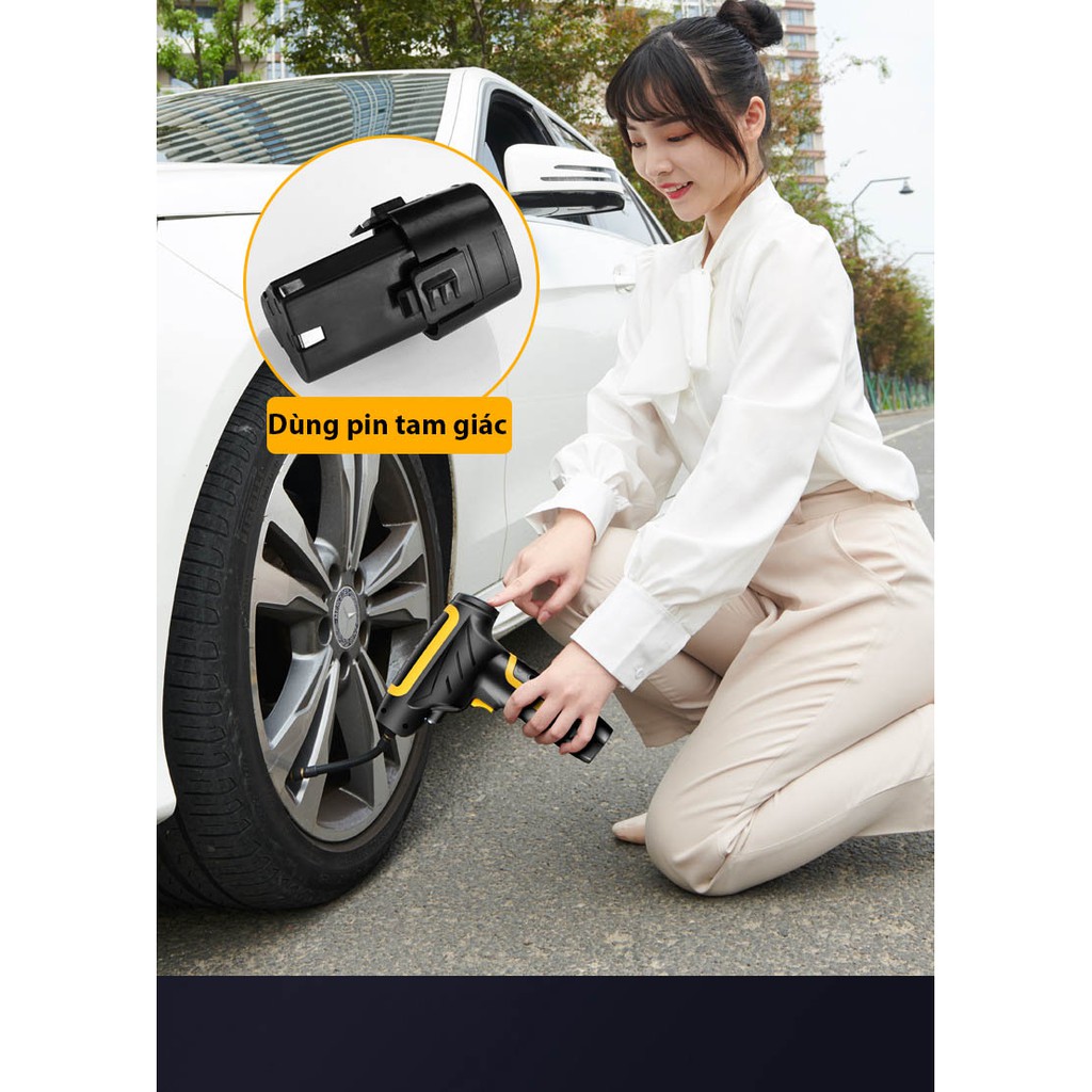 Bơm lốp dùng pin tam giác 12v nhiều phụ kiện kèm theo