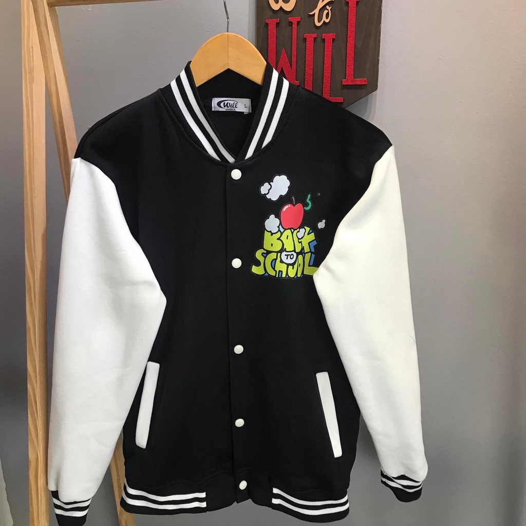Khoác Bomber BACK TO SCHOOL ĐEN - phong cách ẢNH THẬT nam nữ WILL SHOP chất nỉ bông