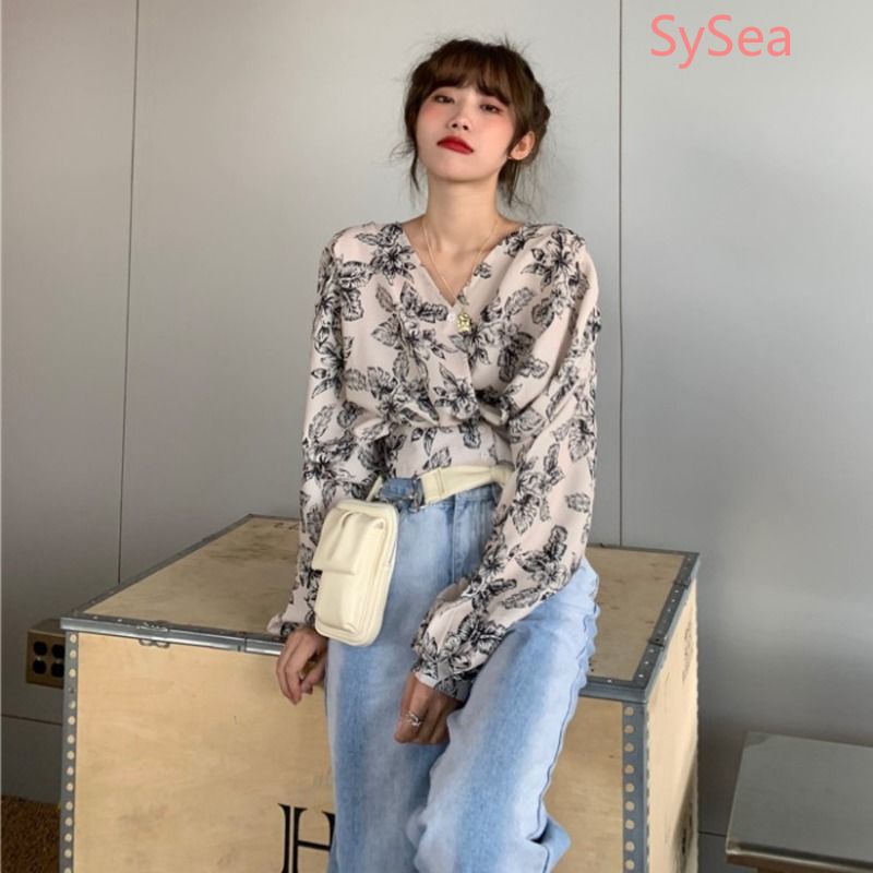 Áo Sơ Mi Tay Dài Cổ Chữ V Họa Tiết Hoa Phong Cách Retro