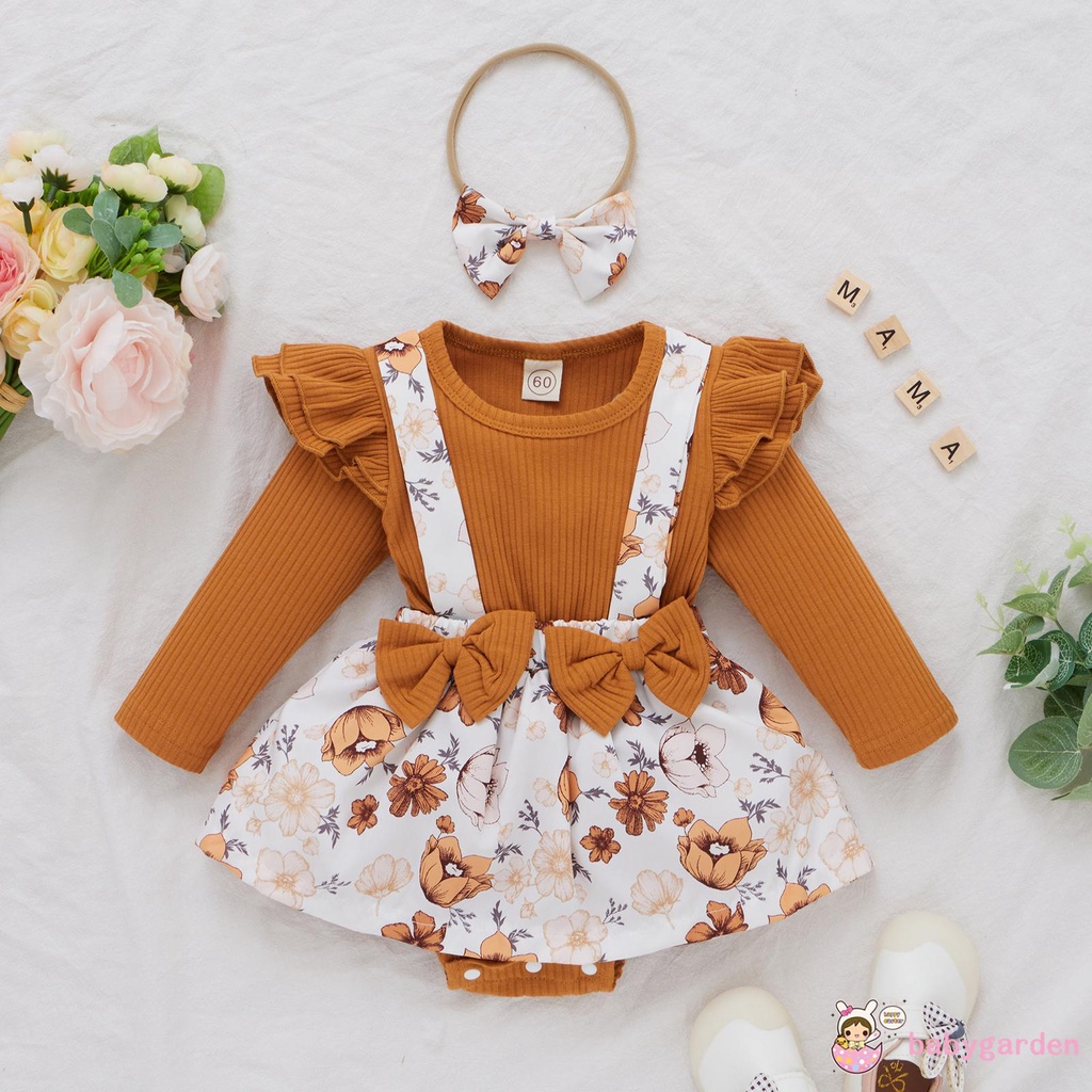 Set Áo liền quần cổ tròn tay dài in hoa và Băng đô thời trang mùa hè dành cho bé gái 0-24 tháng tuổi