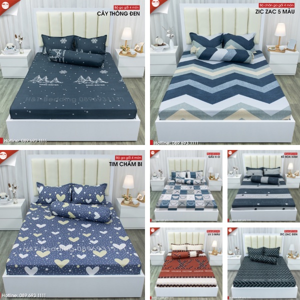 Bộ ga giường vỏ gối 4 món Cotton Poly mẫu mới hè 2022, giá rẻ tại xưởng, ga chun bọc đệm