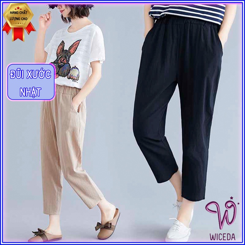 Quần baggy đũi cạp chun nhẹ mát WICEDA,quần đũi nữ dài chất đũi xước nhật 100% màu đen,be QD430