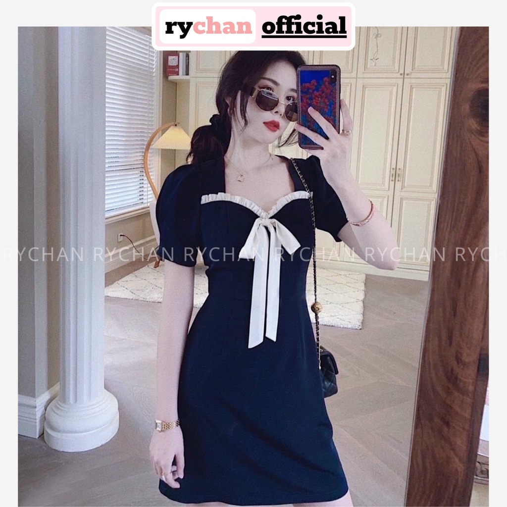 Đầm Xòe Xanh Tay Phồng Cổ Nơ Đính Bèo [Ảnh Thật Cuối] - DX0112