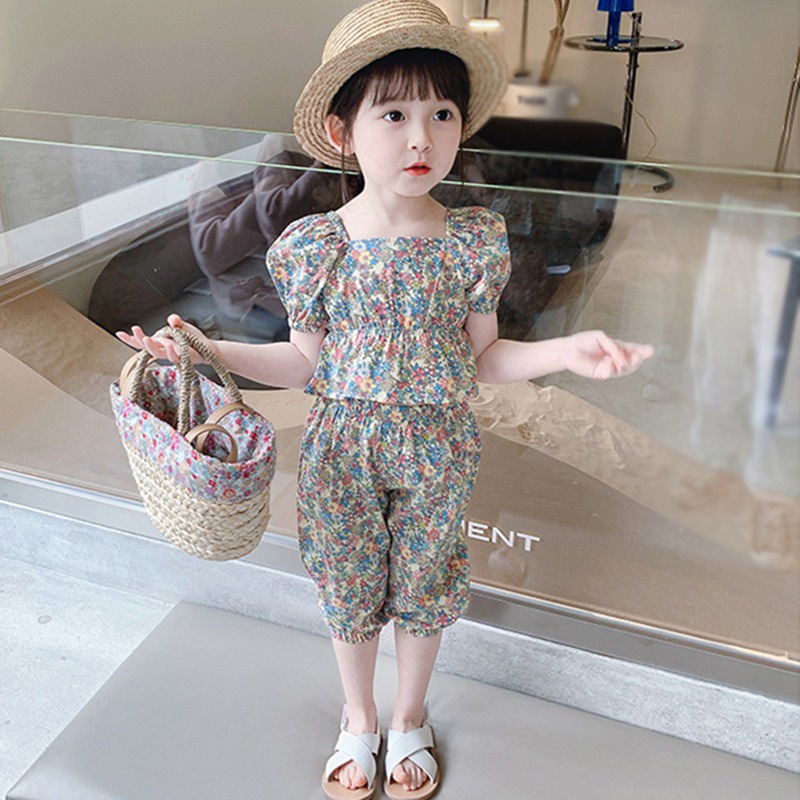 Set Đồ Mùa Hè 2 Món Tay Phồng In Hoa Phong Cách Hàn Quốc Cho Bé Gái 3-8 Tuổi