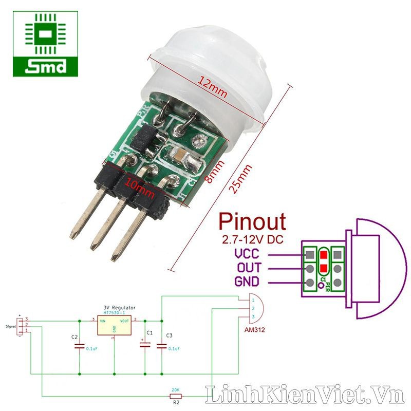 Module cảm biến nhiệt chuyển động mini V2,  Mô đun mạch phát hiện cảm biến chuyển động hồng ngoại PIR senser mini