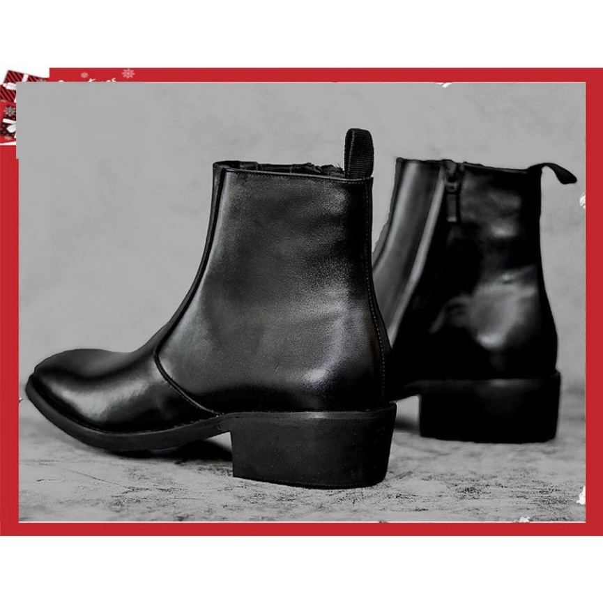 Giày nam Zip boots thời trang da bò màu đen đế tăng 4.5cm chiều cao