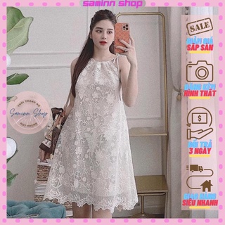 Váy yếm ren hoa nổi SAMINN, babydoll dáng dài trắng hoa nhí tay phồng, đầm suông 2 dây đuôi cá nữ SS29
