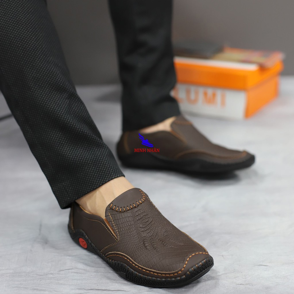 Giày lười nam da bò mẫu mới nhất công sở giày xỏ nam đế bệt cho lái xe ô tô slip on đẹp độc đáo hàng hiệu giá rẻ S-4 nâu