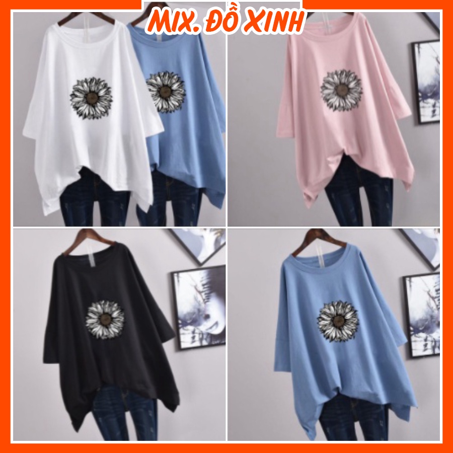 Áo phông unisex freesize form rộng tay lỡ Thu Hà chất liệu thun Cotton in hình Hoa Hướng Dương