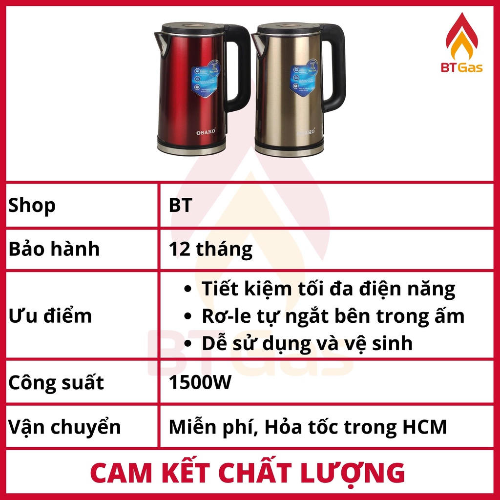 Ấm siêu tốc Osako, bình đun siêu tốc bền đẹp, lòng ấm inox nguyên khối Osako OSA-250 công suất 1500W