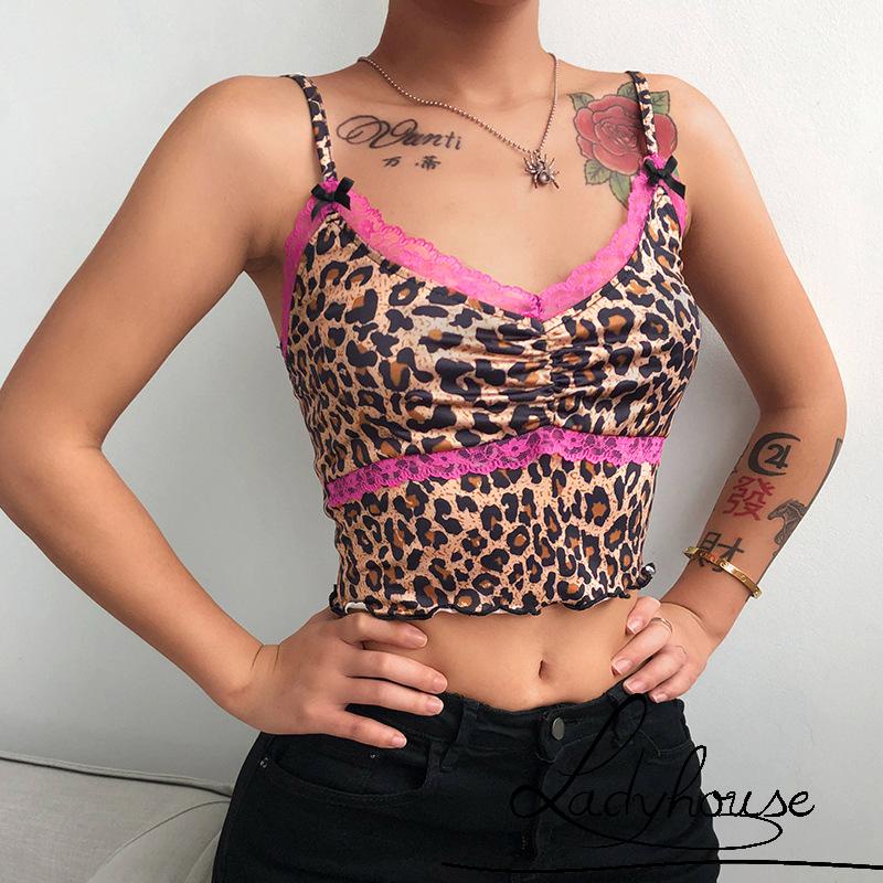 Áo croptop hai dây cổ chữ V viền ren họa tiết da báo gợi cảm cho nữ