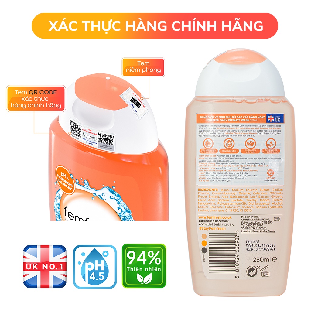 Dung dịch vệ sinh phụ nữ cao cấp hằng ngày Anh Quốc Femfresh Daily Intimate Wash 250ml