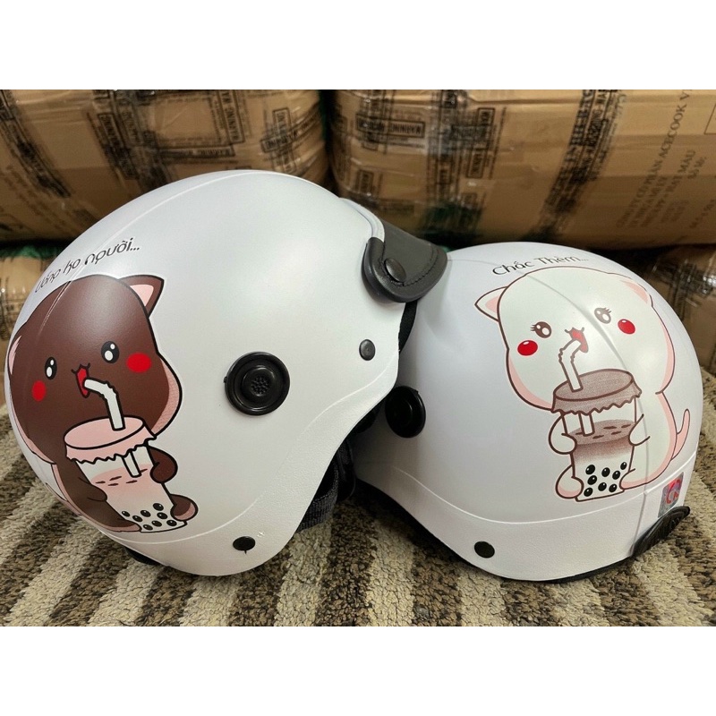 Nón bảo hiểm cặp đôi in Sticker dễ thương - Hàng loại 1 dày sịn Hình chụp thật