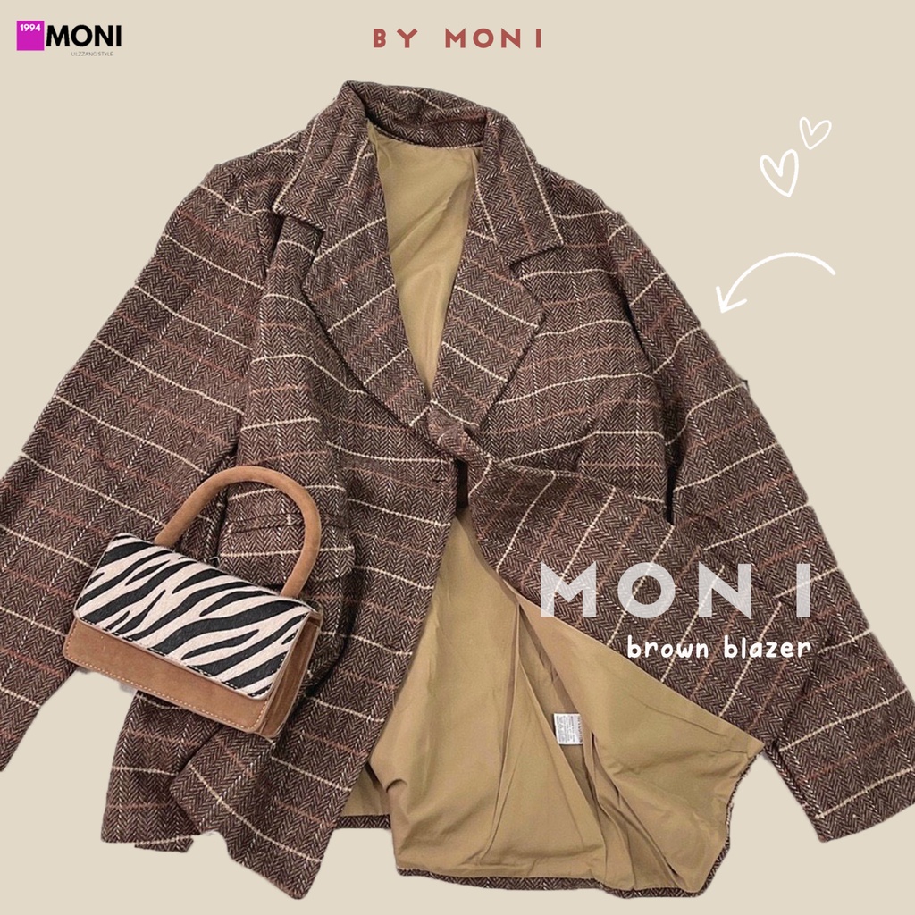 Áo blazer 2 lớp kẻ sọc nâu dài tay phong cách Hàn Quốc