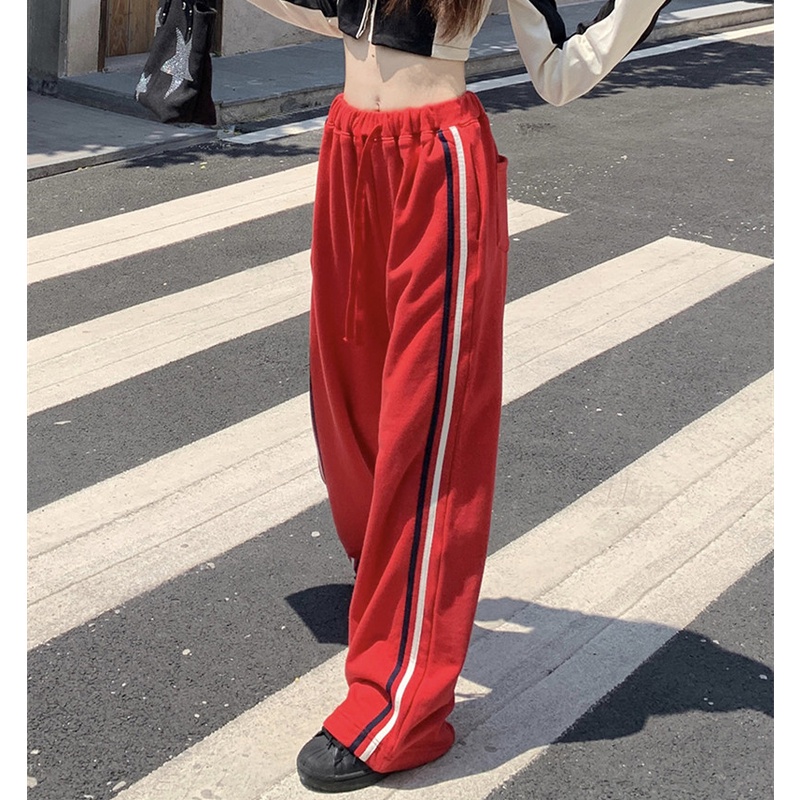 Quần Thể Thao Lưng Cao Ống Rộng Họa Tiết Kẻ Sọc Hợp Thời Trang