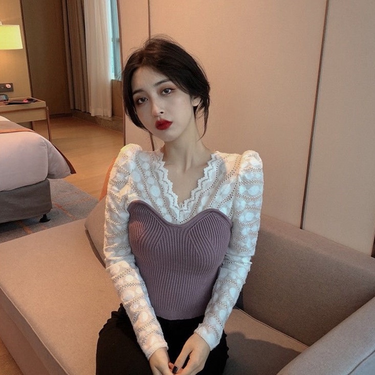 【ZHELIHANGFEI】Áo Dệt Kim Dáng Ôm Cổ Chữ V Phối Ren Phong Cách Sang Trọng Dành Cho Nữ