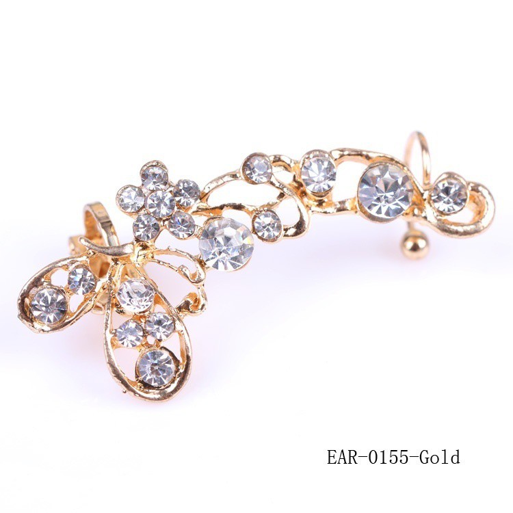 Khuyên tai vàng hình hoa và bướm đính đá pha lê phong cách retro