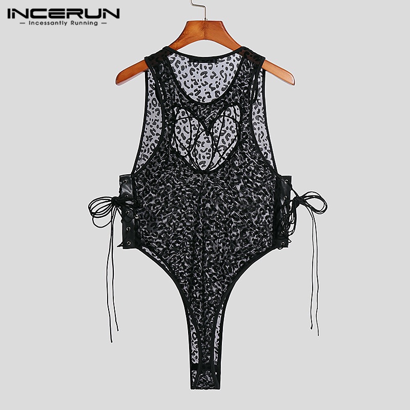 Bộ áo liền quần INCERUN thiết kế không tay xuyên thấu họa tiết da báo quyến rũ cho nam