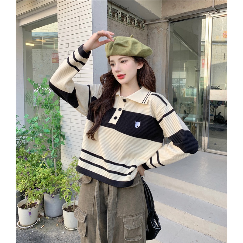 Áo polo ZHELIHANGFEI dệt kim tay dài dáng rộng họa tiết sọc phong cách preppy Mỹ sành điệu