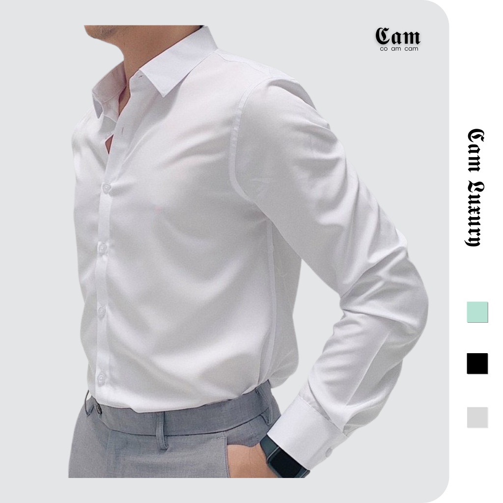 Áo sơ mi nam, sơmi nam công sở Cam Luxyry cao cấp, vải lụa mịn co dãn hàng chuẩn xuất. mầu trắng, đen, ghi xanh