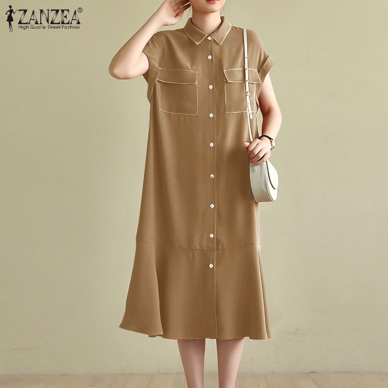 Đầm midi Zanzea tay ngắn màu trơn viền nhún bèo phong cách cổ điển cho nữ