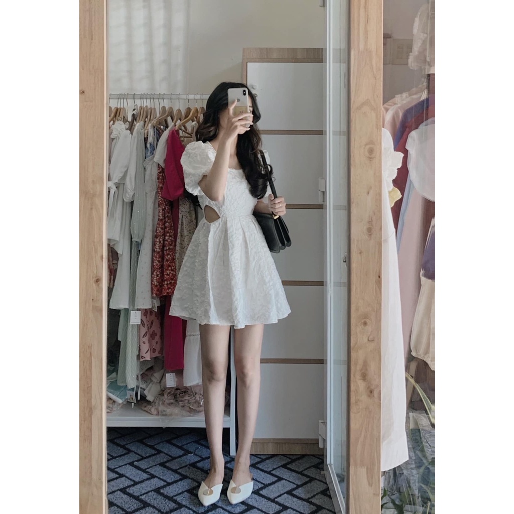 Váy cổ vuông - Váy gấm tay bồng cổ vuông viền ren hở eo Hottrend, Đầm nữ vải gấm Quảng Châu HK Shop9720