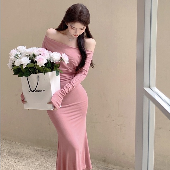 Đầm Đuôi Cá Tay Dài Cổ Đứng Dáng Ôm Co Giãn Thời Trang Hàn Quốc Quyến Rũ Cho Nữ